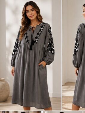Zara Gray Embroidered Long Sleeve Midi Dress S